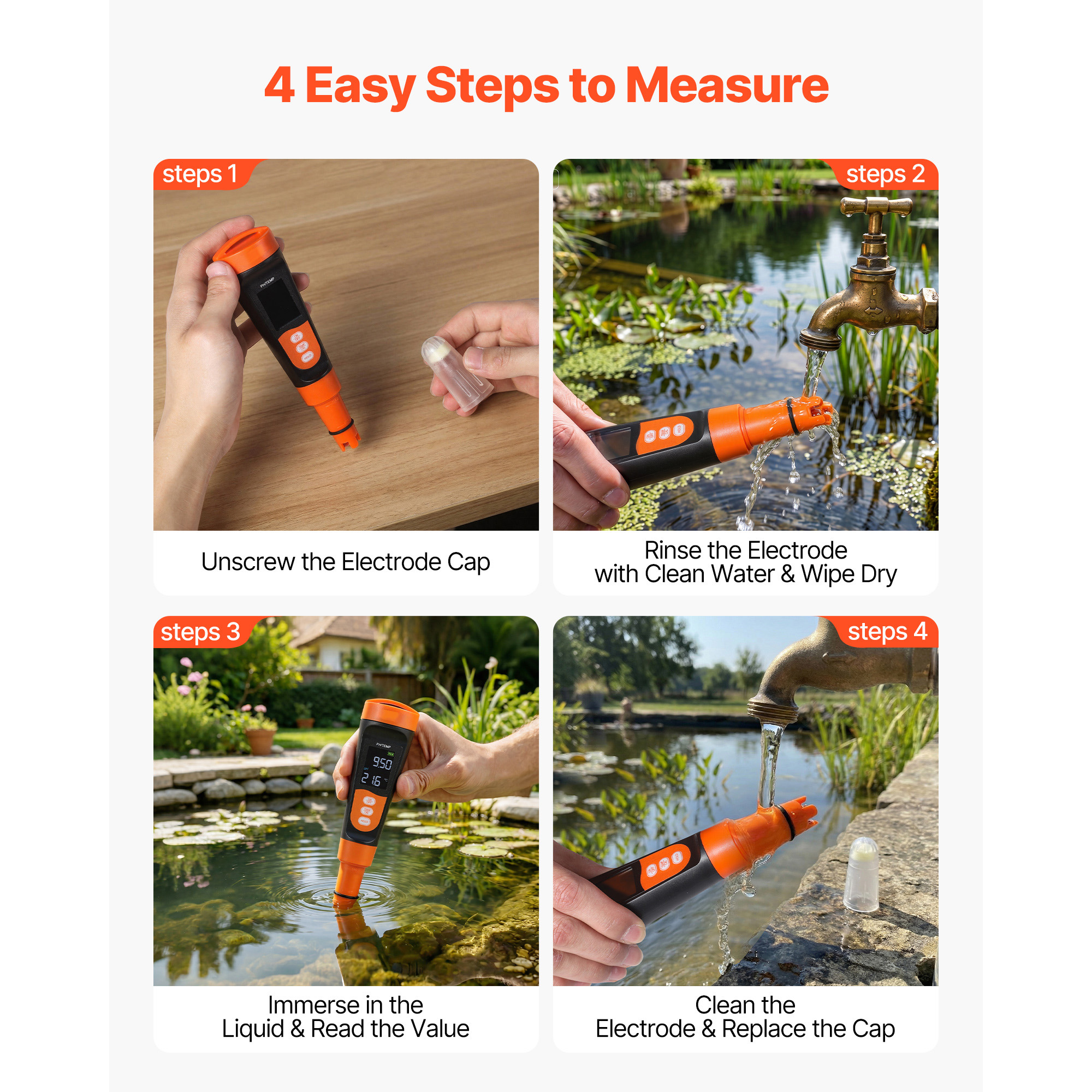 Medidor de pH, Rango 0-14 pH, Probeta IP68 Impermeable, Kit de Prueba de Bolsillo con Paquetes de Polvo de Calibración, Pantalla VA, Para Análisis de Calidad del Agua para Bebida, Hidroponía y Acuario — imagen 3