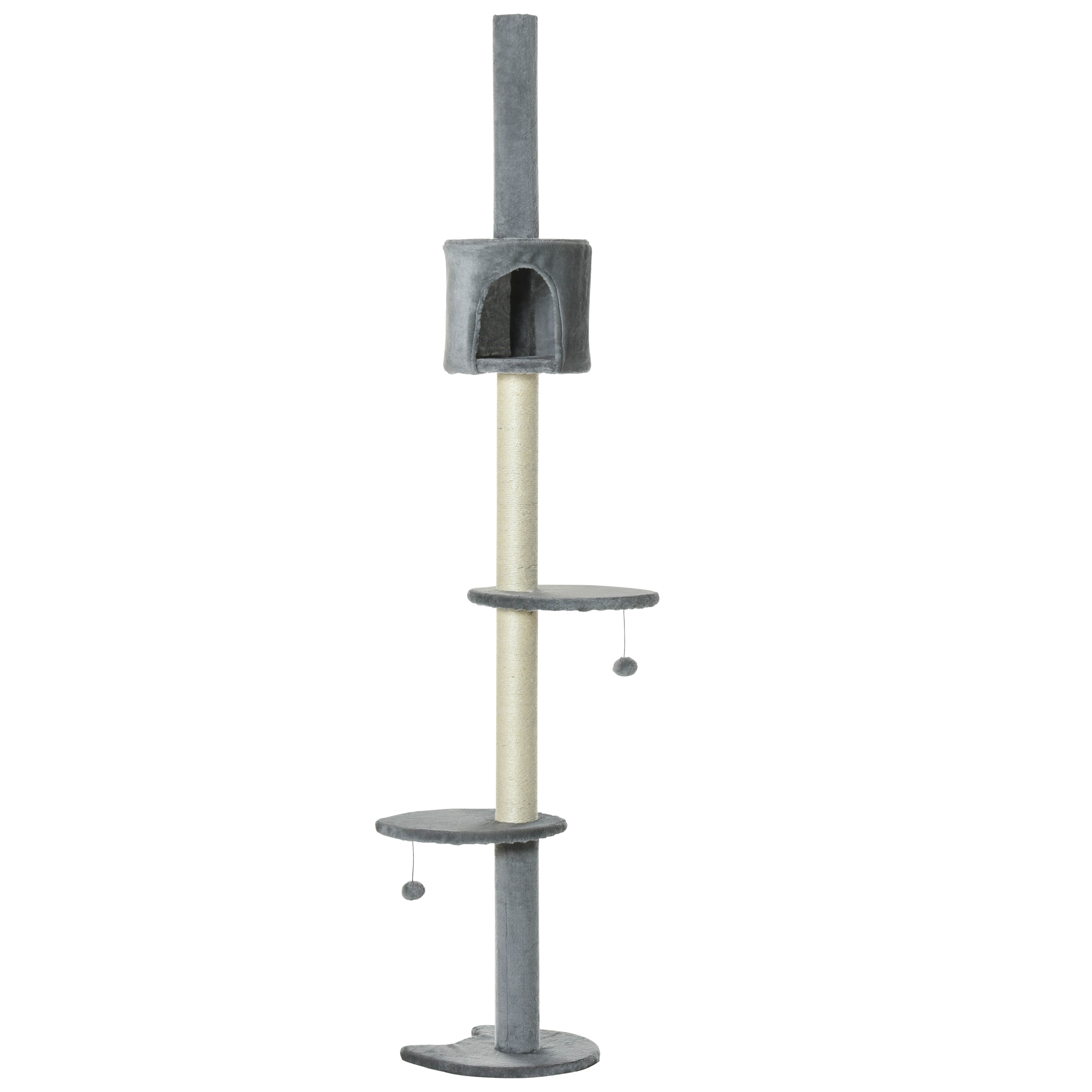100" Cat Tree Height Adjustable Floor-to-Ceiling 4-Tier Kitty Climbing Activity Center Condo Cat Toy with Scratching Post Hanging Balls Play Rest Post Pet Furniture Grey — image 2