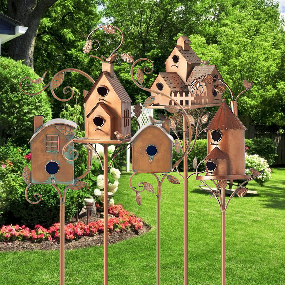 Casa de Pájaros en Metal con Palo Casa de Artista de Metal Cabaña para Colibrí Decoración de Jardín — imagen 3