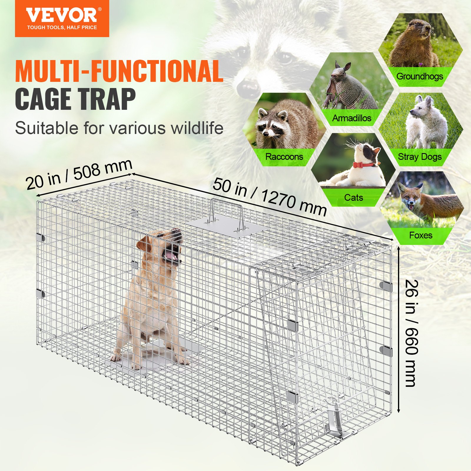 VEVOR Live Animal Cage Trap, Humane Cat Trap Galvanized Iron, Folding Animal Trap With Handle For Stray Dogs, Armadillos, Raccoons, Marmots, Foxes — imagen 1
