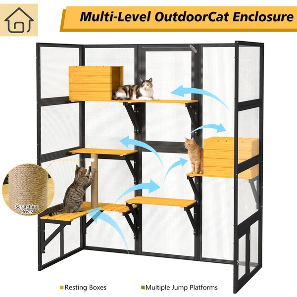 Catio para Gatos al Aire Libre: Encierro Exterior Grande de Madera con Conexión de Ventana para Varios Gatos, Casa para Gatos con Acceso Peatonal, 2 Condominios, 5 Plataformas, 4 Puertas y Cubierta Resistente al Tiempo — imagen 3