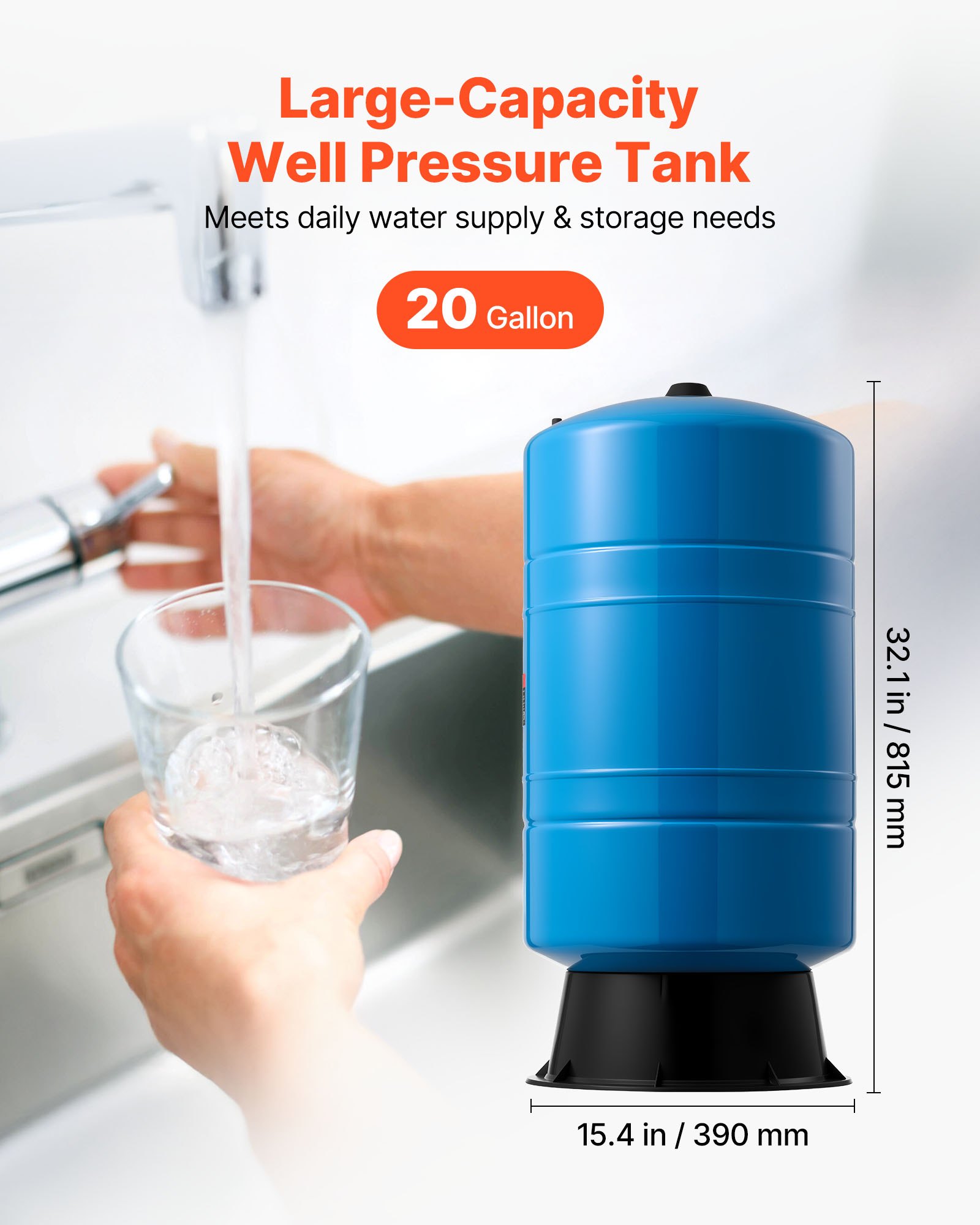Tanque de Presión Vertical de Pozo de 20 Galones, Tanque de Agua Presurizado Precargado para Bombas de Pozo, Contenedor de Almacenamiento de Agua de Acero al Carbono de Alta Resistencia para Hogar, Escuela, Granja y Sistemas de Riego — imagen 5