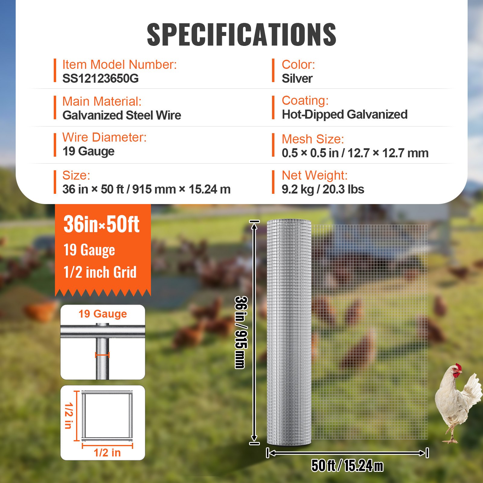Hardware Cloth, 1 2 Inch 36in X 50 Ft 19 Gauge, Hot Dipped Galvanized Wire Mesh Roll, Chicken Wire Fencing, Wire Mesh For Rabbit Cages, Garden, Small Rodents — imagen 10