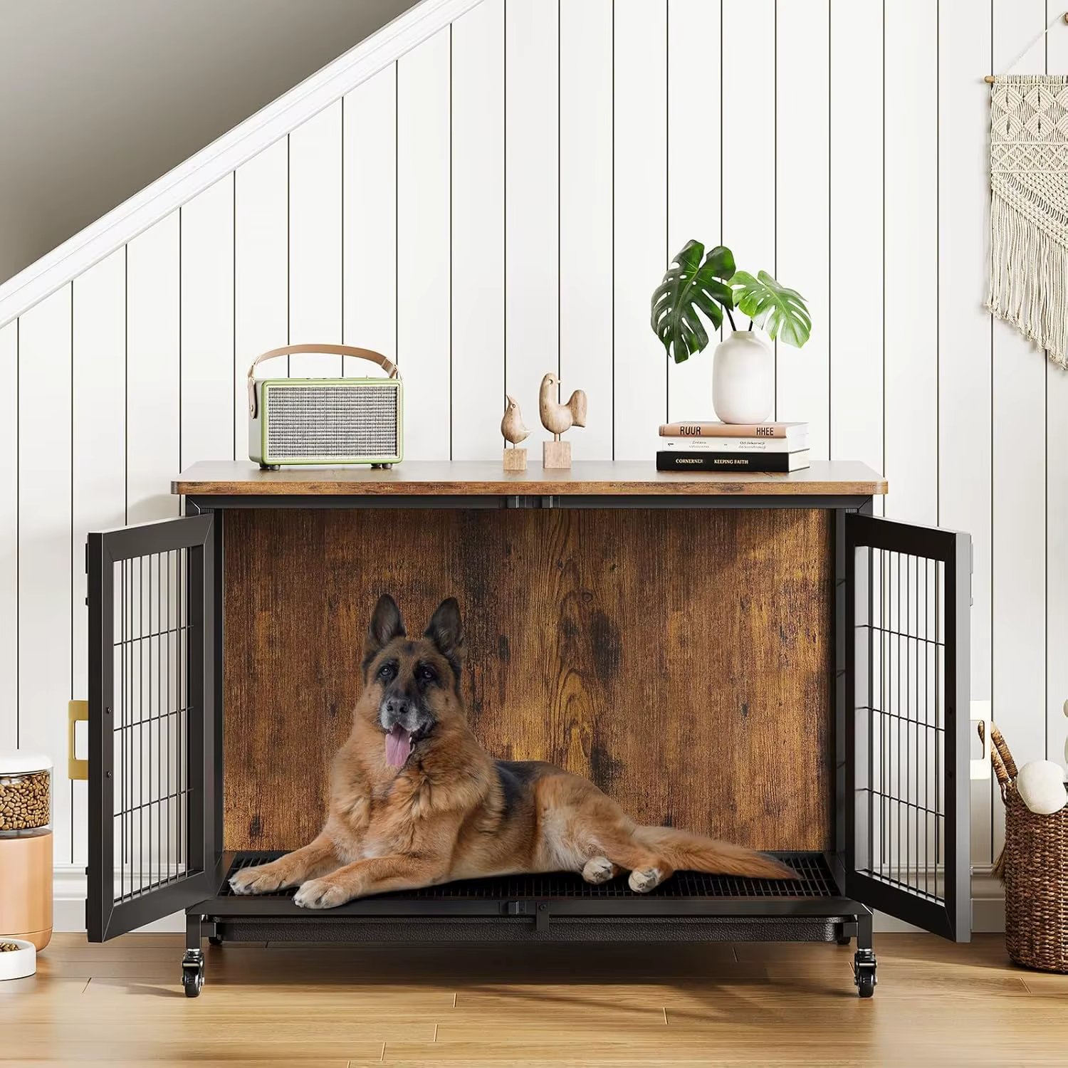Wooden Dog Crate with Lockable Wheels, Removable Tray, and Durable Steel Frame — image 6