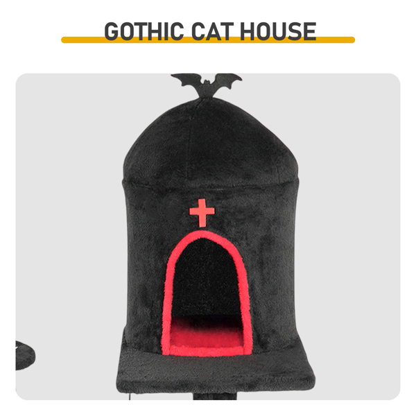 Árbol Gótico para Gatos con Caja de Tumba, Torre para Gatos Grande con Condo Espacioso, Postes de Rasguñado, Juguetes Colgantes de Araña, Tablero de Rasguñado, Mobiliario de Actividades para Gatos de Gran Tamaño en Rojo y Negro — imagen 3