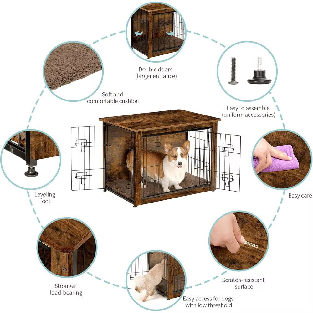 Medium Rustic Brown Wooden Dog Crate with Cushion and Double Doors — image 3