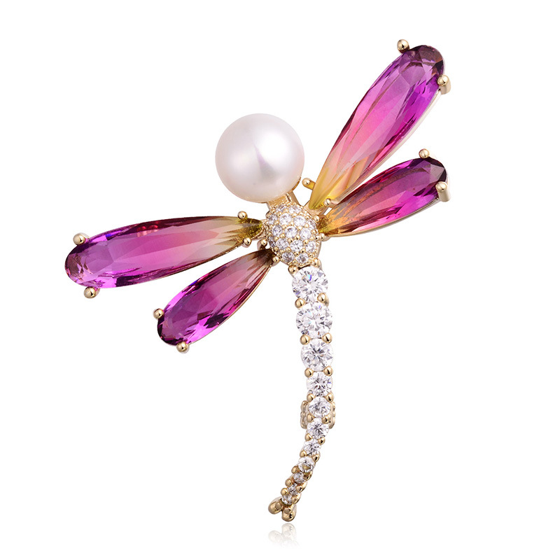 Temperament Exquisite Tourmaline Brooch Fashion Dragonfly Diamond Pearl Corsage Dress Brooch — image 6