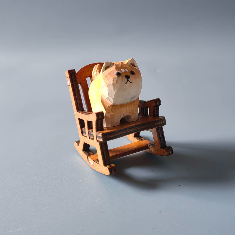 Wooden carving ornaments solid wood handmade carving Shiba Inu kitten decoration — image 10