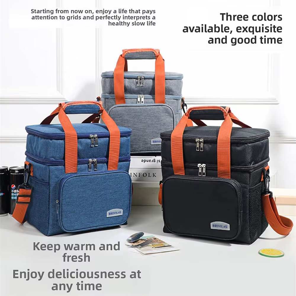 Double Deck Insulated Lunch Bag Large Capacity Leakproof Cooler Tote Thermal Food Storage Bag for Work Camping Travel — image 3