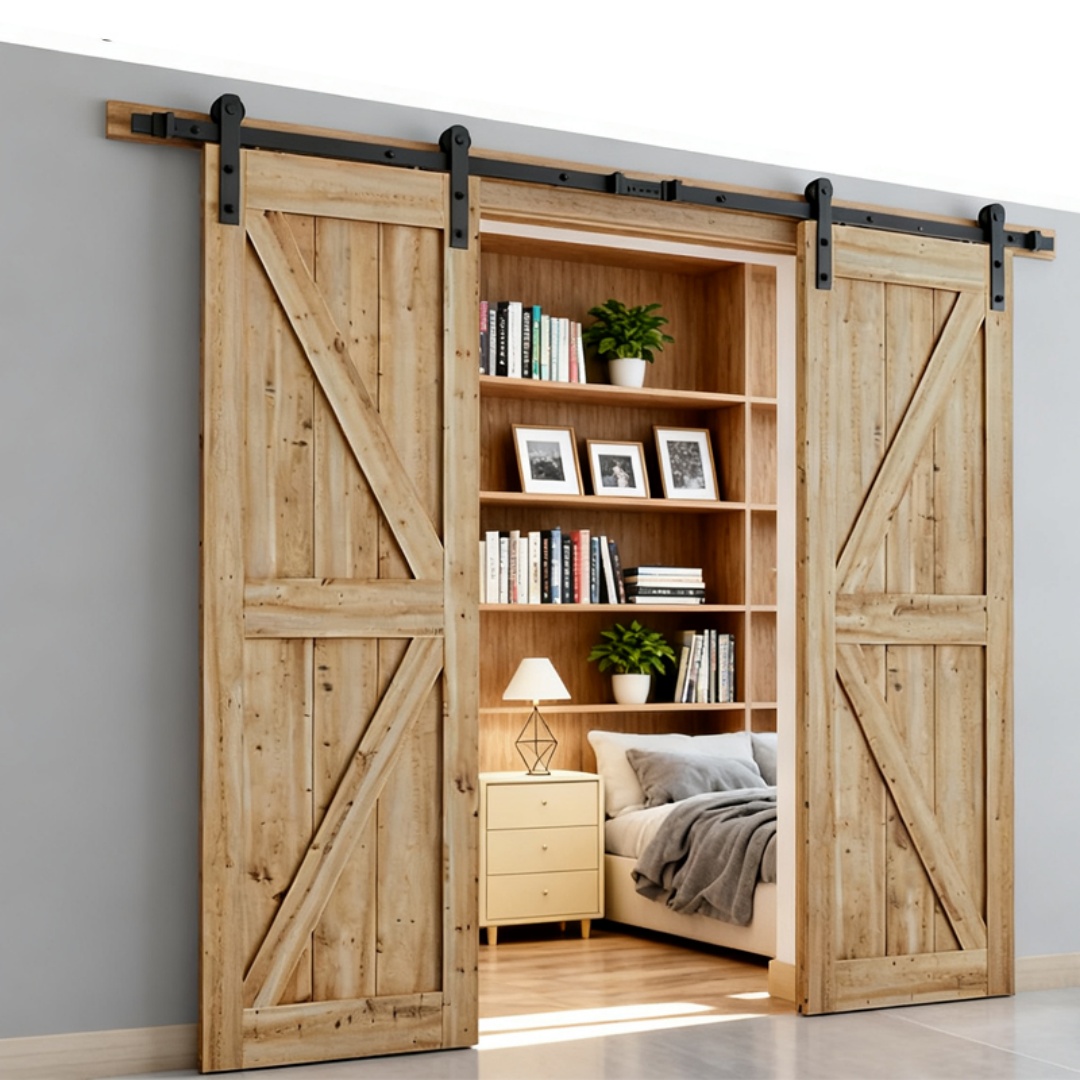 Kit de Hardware para Puertas Corredoras de Estilo Granja doble con Polea J Básica, Desliza Silenciosamente y Suavemente, Instalación Fácil 8 pies de Vía para Paredes de 20-24 pulgadas de Ancho — imagen 9