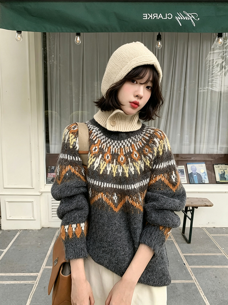 Vintage Fair Isle Faux Alpaca Wool Crew Neck Pullover Sweater Relaxed Fit — image 8