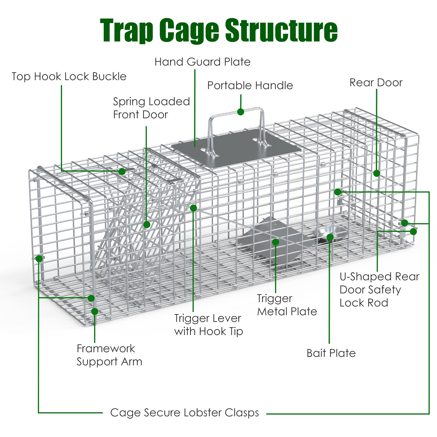 Caja de Trampa para Animales Vivos, Plegable y Humana para Conejos, Mapaches, Zorros, Ardillas, etc. (27.17x7.48x8.27 in) Acero Resistente para Primavera y Verano — imagen 5
