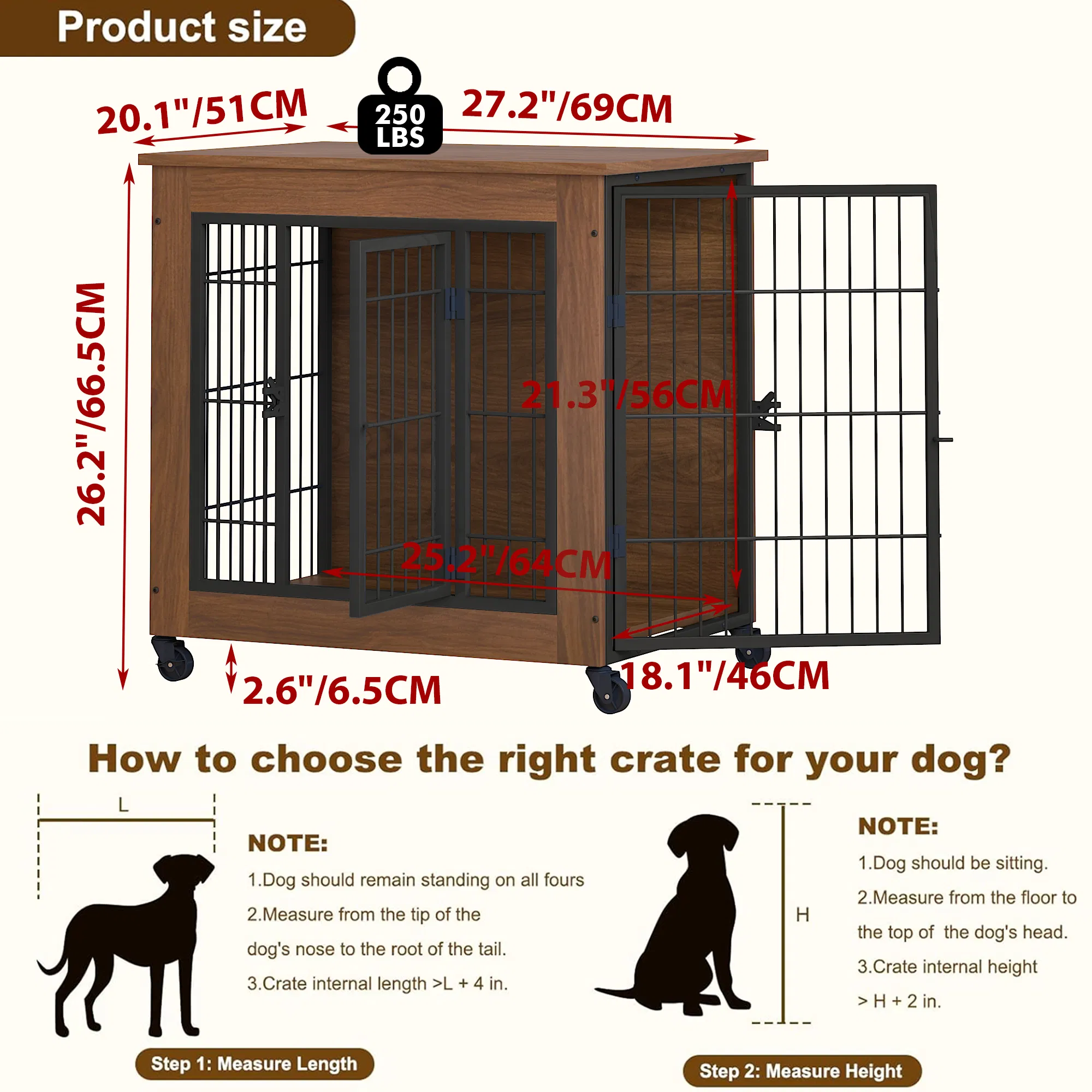27.2" Dog Crate Furniture with Wheels for Small Dogs, Heavy Duty Dog Kennel Indoor with 2 Doors, Wooden Pet Cage End Table, Double-Doors Sturdy Metal Dog Cage for Anxiety Dog — image 19