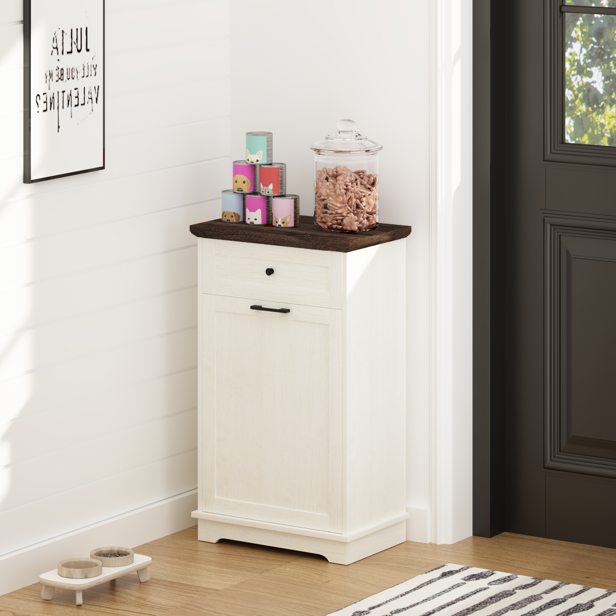 Mueble Basculante para Basurero de 10 Galones, Mueble Independiente para Bote de Basura, Mueble de Madera para Basura y Reciclaje con Cajón, a Prueba de Mascotas, para Cocina y Sala de Estar, Blanco Antiguo (No Incluye el Bote de Basura) — imagen 30
