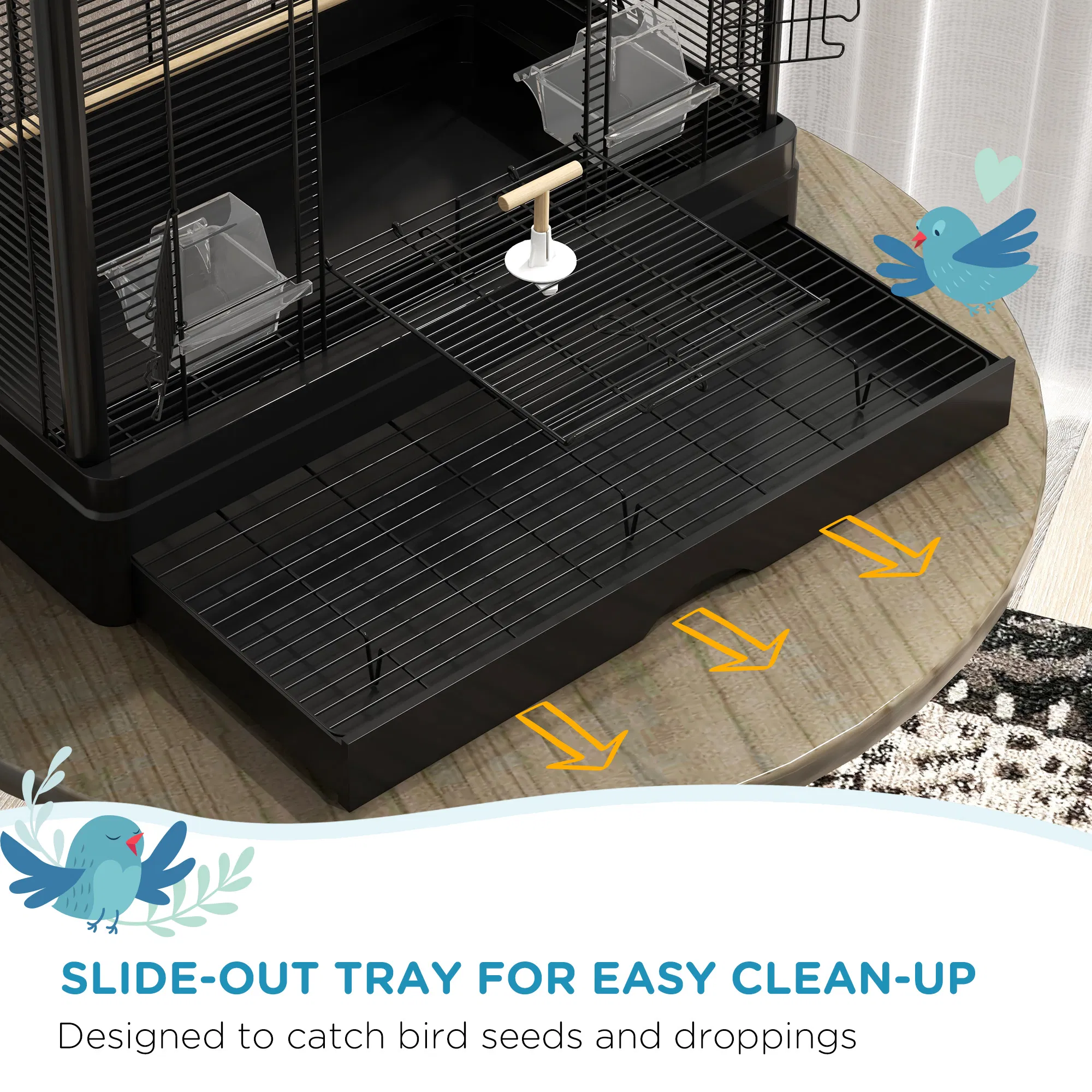 22" Bird Cage for Budgie Finches Canaries Love Birds with Wooden Stands, Slide-Out Tray, Handles, Food Containers, Black — image 2
