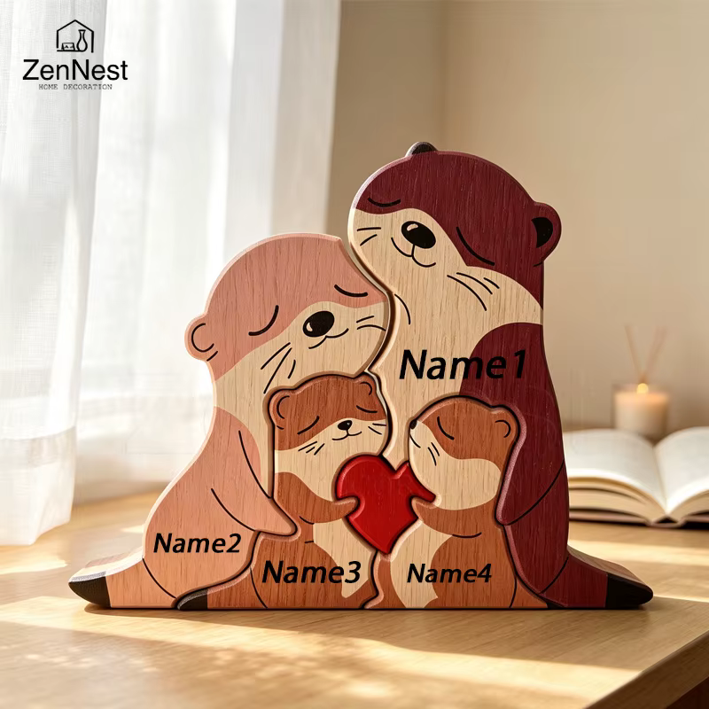 Cute Otter Family Wood Puzzle Ornament Red Heart Tabletop Decor Mother's Day Christmas Birthday Home Office Souvenir Gift