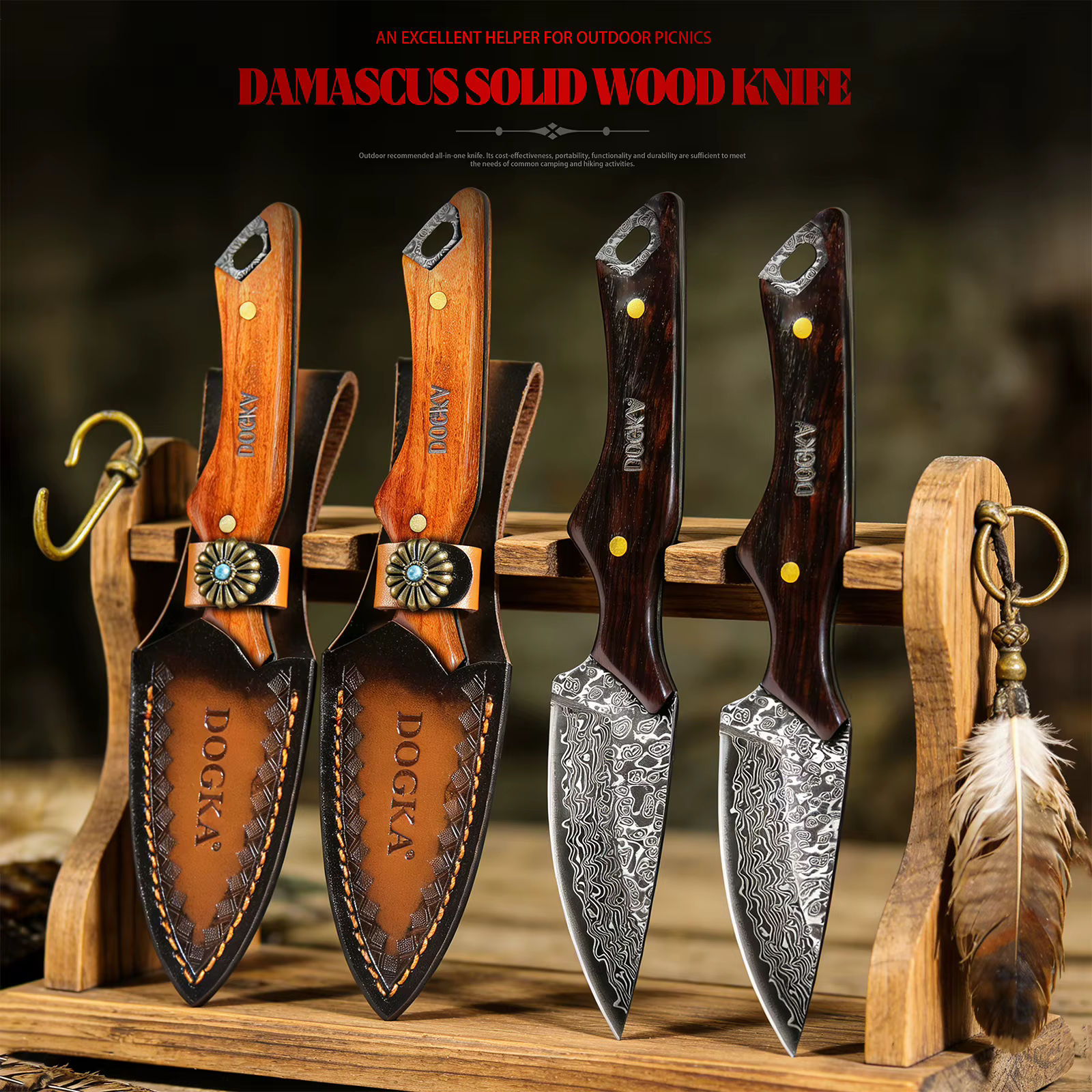 Handmade Damascus Hunting Knife, Full Tang Fixed Blade Camping Knife with Leather Sheath — image 7