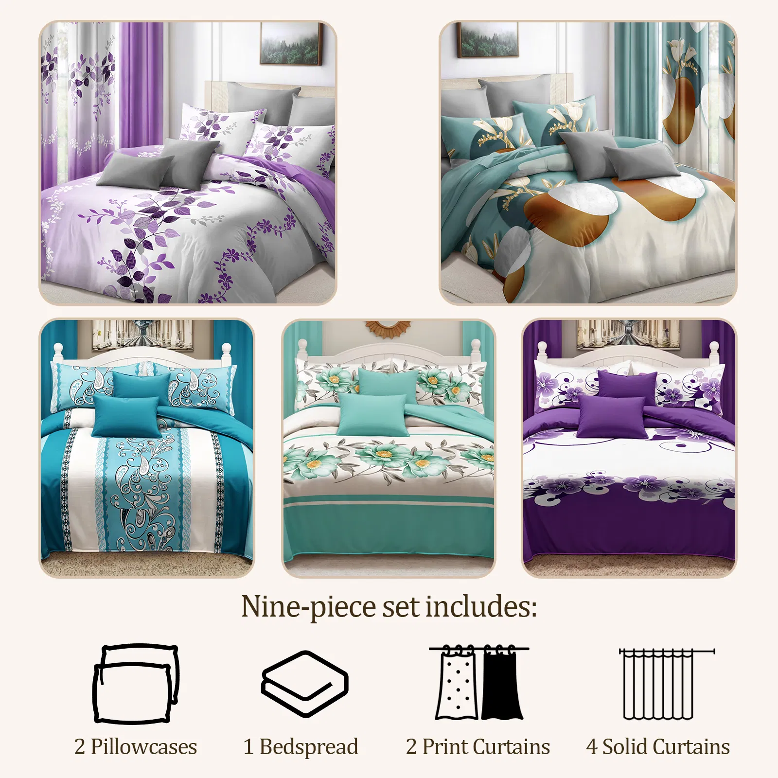 Surprise Room Makeover! 9-Piece Mystery Bedding & Curtain Bundle, Choose Your Size - Random Color/Pattern Quilted Bedspread Set with Light Filtering Window Panels, Pet Friendly Microfiber — image 5