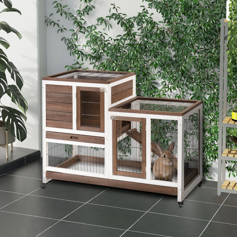 PawHut Wooden Rabbit Hutch Elevated Bunny Cage Indoor Small Animal Habitat With Enclosed Run With Wheels, Ramp, Removable Tray For Rabbits, Chickens, Ducks, Guinea Pigs, Brown — imagen 6