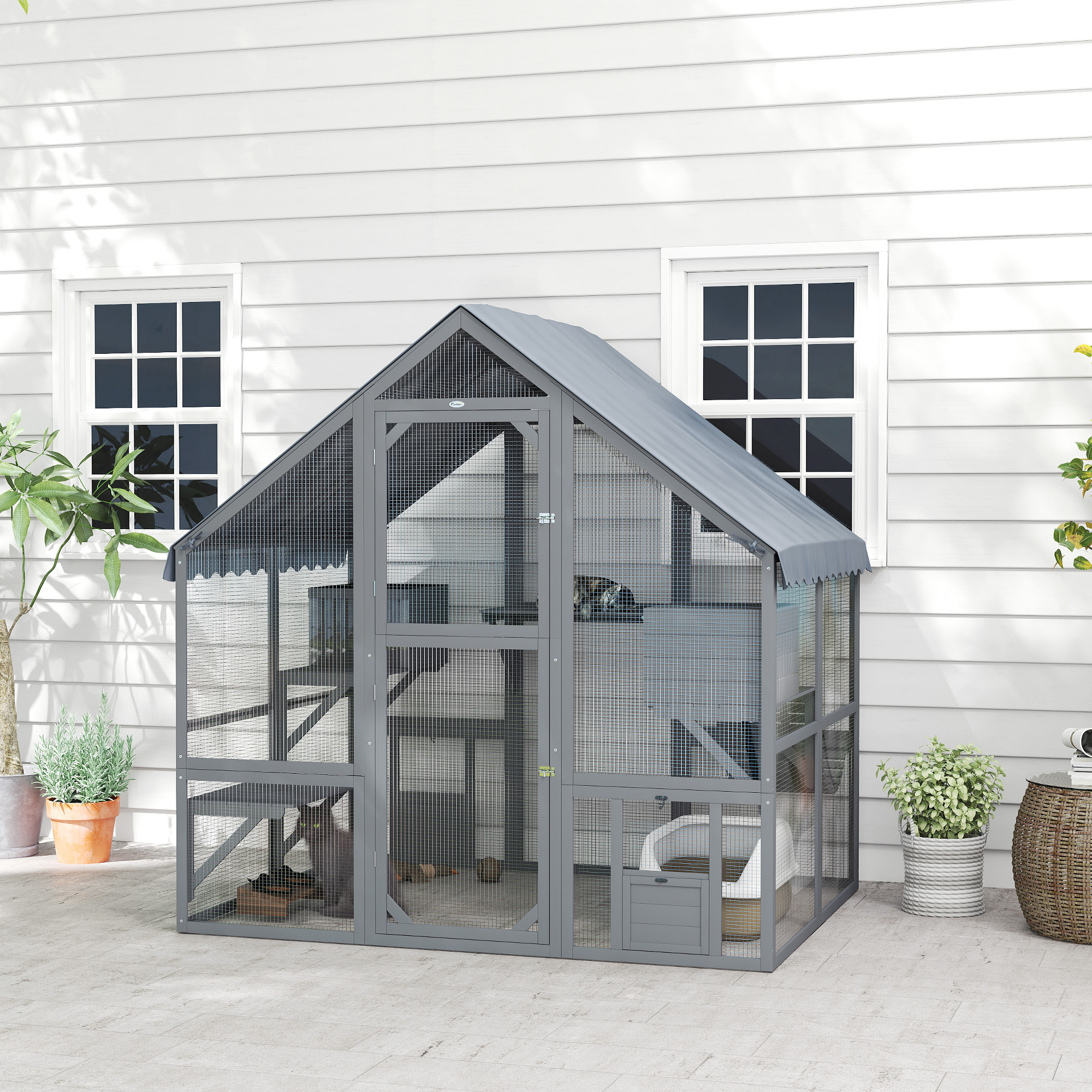 Wooden Catio Outdoor Cat Enclosure with Waterproof Cover, 2 Condos, 4 Platforms, Bridge, Doors, Gray — image 1