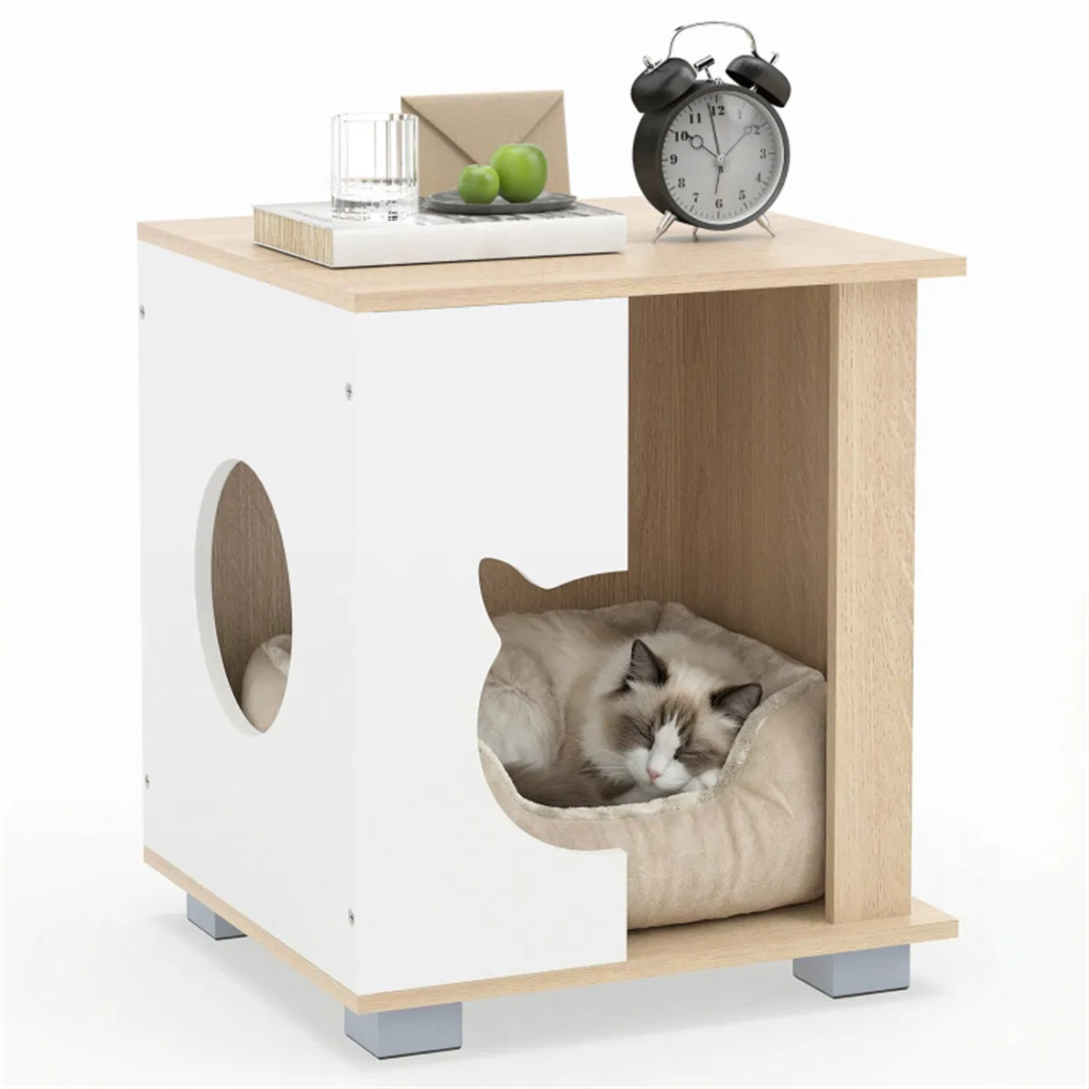 Multipurpose Wooden Cat House Nightstand, Sturdy Metal Base Anti-Slip Pet Furniture — image 1