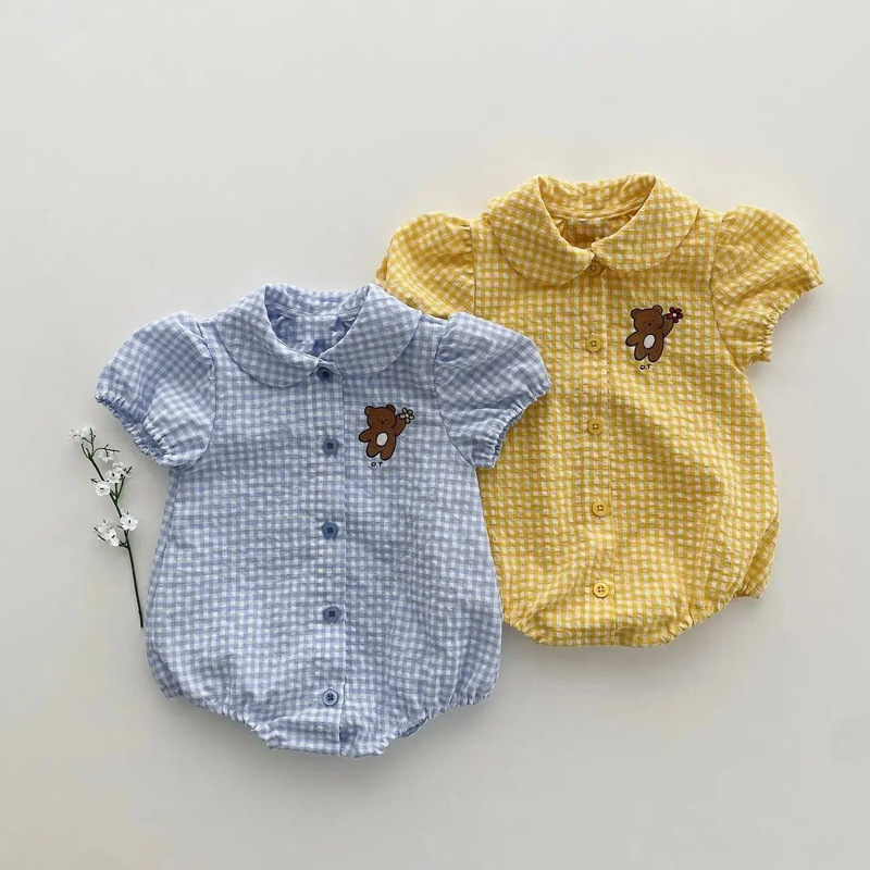 Baby Campus Bear Embroidery Round Neck Plaid Romper — image 4