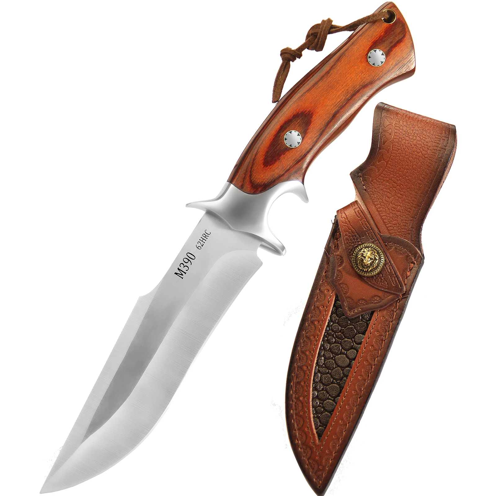 M390 Fixed Blade Hunting Knife with Wood Handle Leather Sheath Outdoor Camping Bowie Knife Gift for Men — image 1