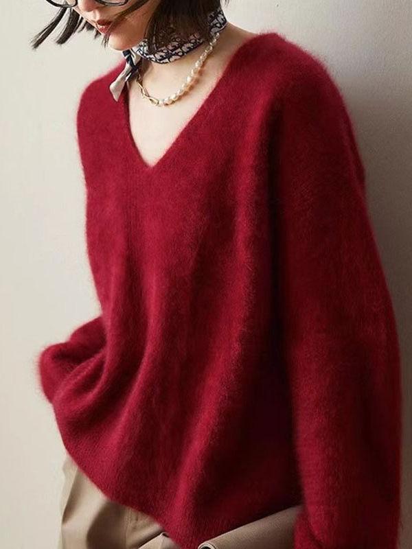 Women's Faux Mink V-Neck Long Sleeve Pullover Sweater Loose Knit Top — image 4
