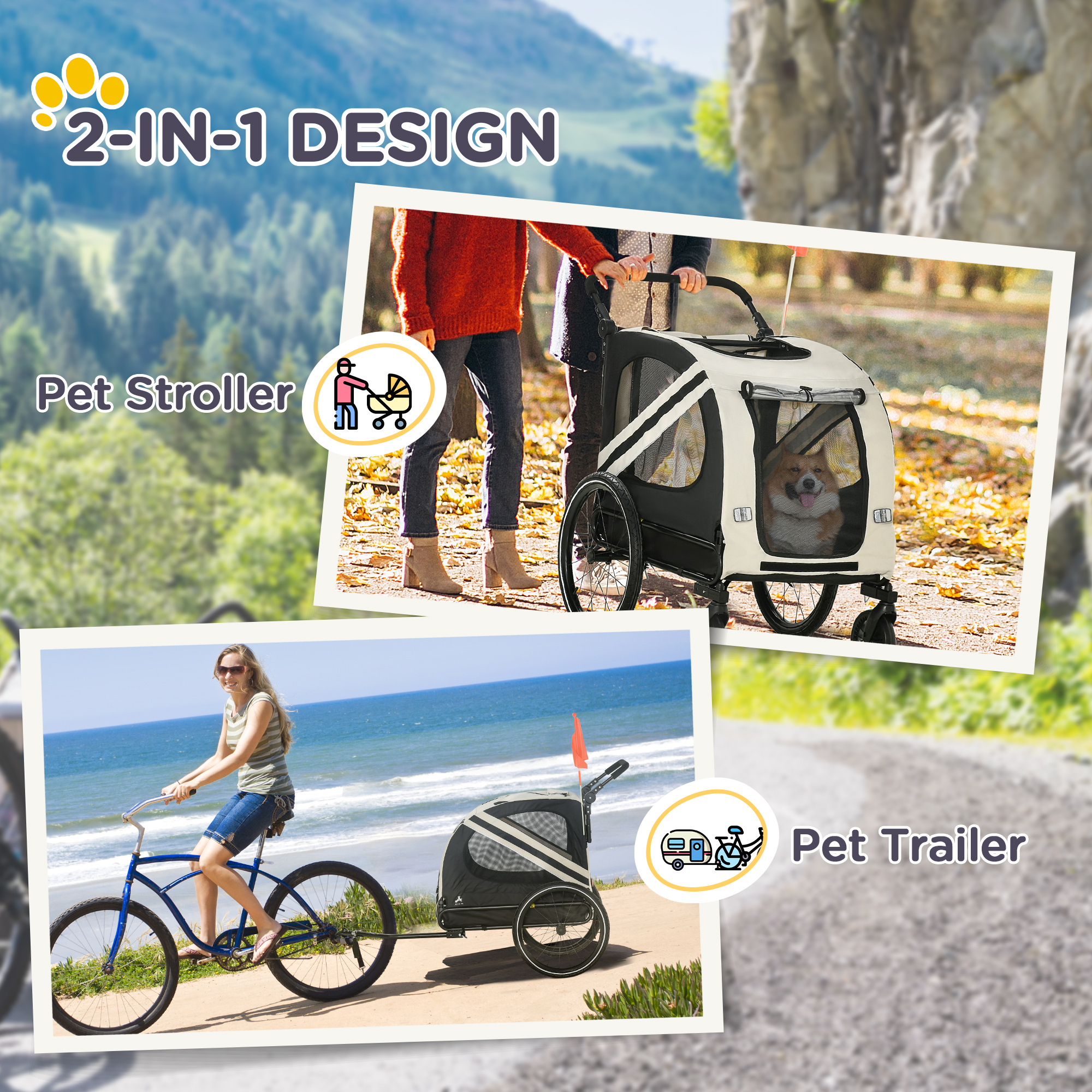 2-in-1 Pet Bike Trailer for Small Dogs, Road-Visibility Dog Stroller Bicycle Carrier, Weather-Strong Bike Wagon Trailer Sidecar Attachment, White — image 3
