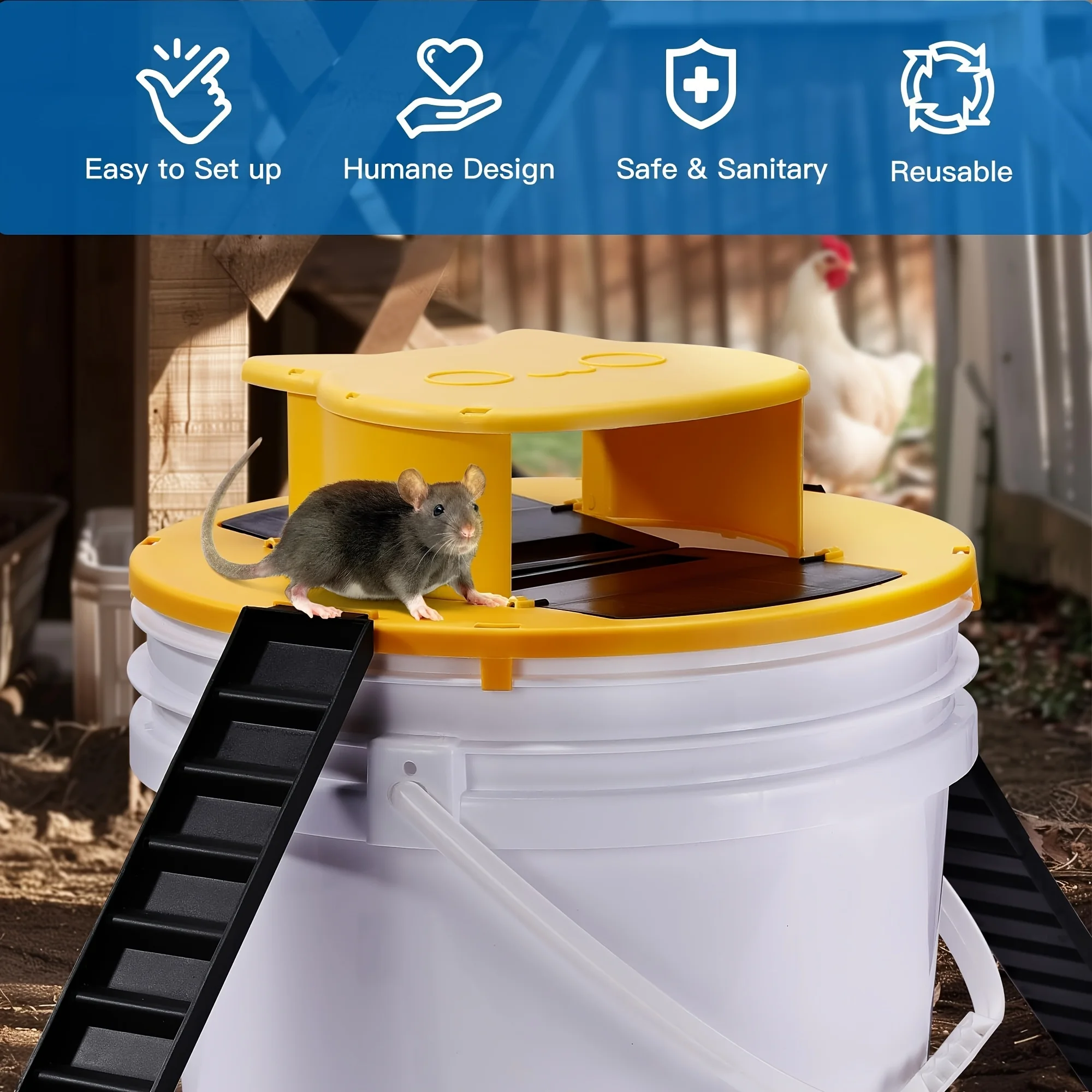 Presa de Ratones para Cubeta con Cierre, Herramienta Fácil de Usar para Interior y Exterior, Características: Entrada de Escaleras Doble Actualizada, Reutilizable para Cubetas de 5 Galones, Ideal para Hogares, Coopas de Pollos, Jardines, Granjas, Fincas — imagen 1