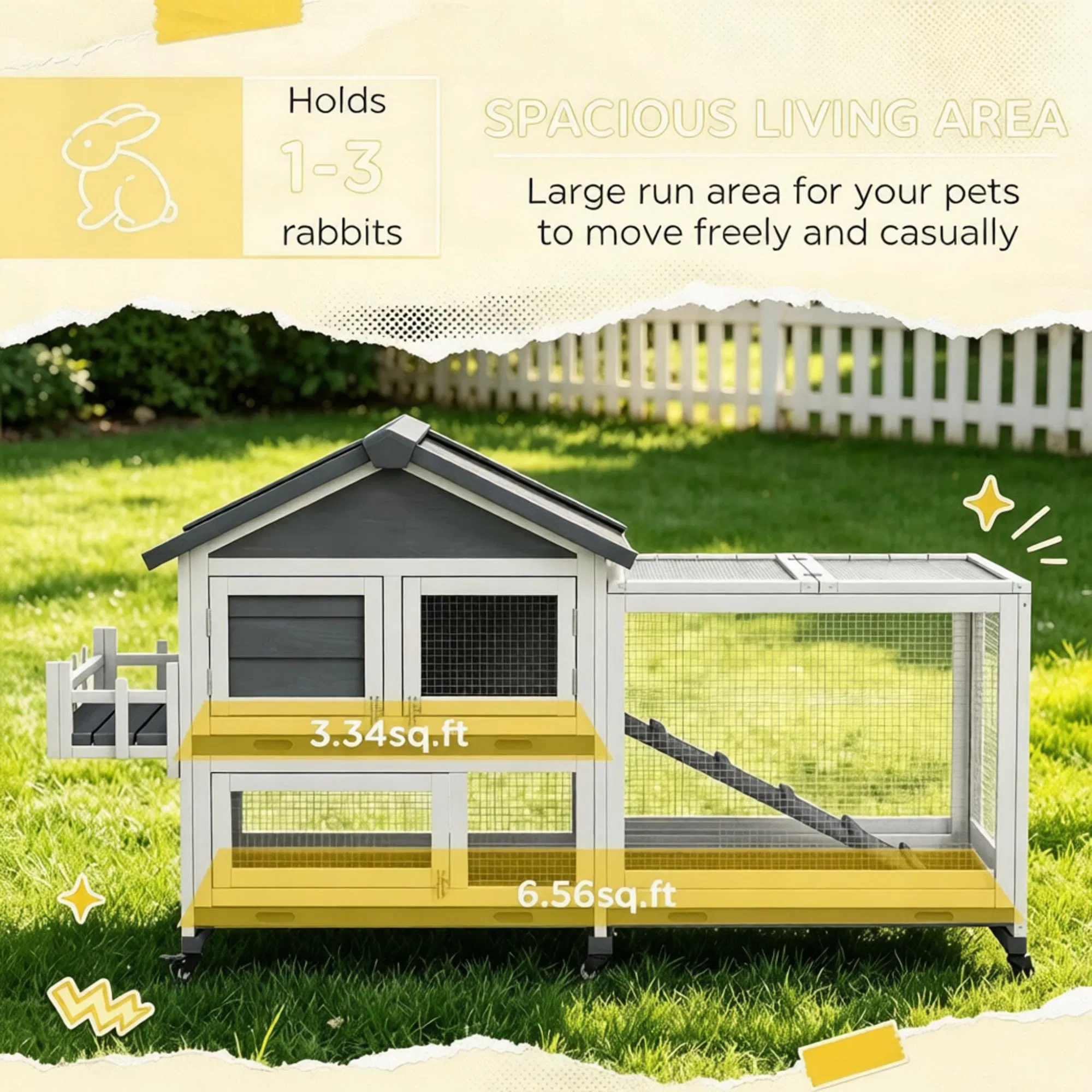 Gray 65" Spacious Wooden Rabbit Hutch: Pet Playpen with Openable Roof for Easy Access & Storage Box for Rabbits — image 4