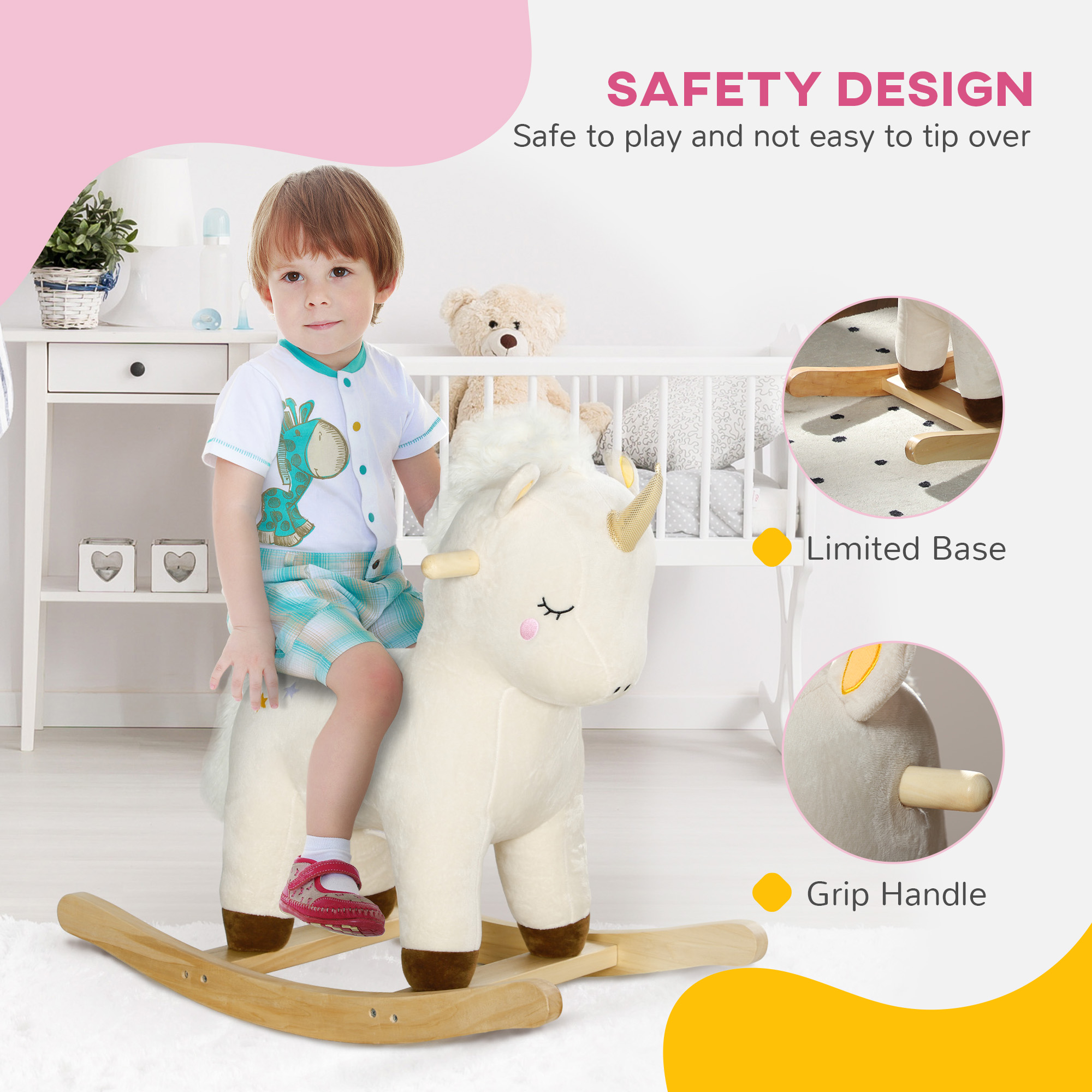 Caballo de Roca para Niños, Poni Unicornio con Sonidos Realistas & Base de Madera para Edad 2-4, Blanco — imagen 5