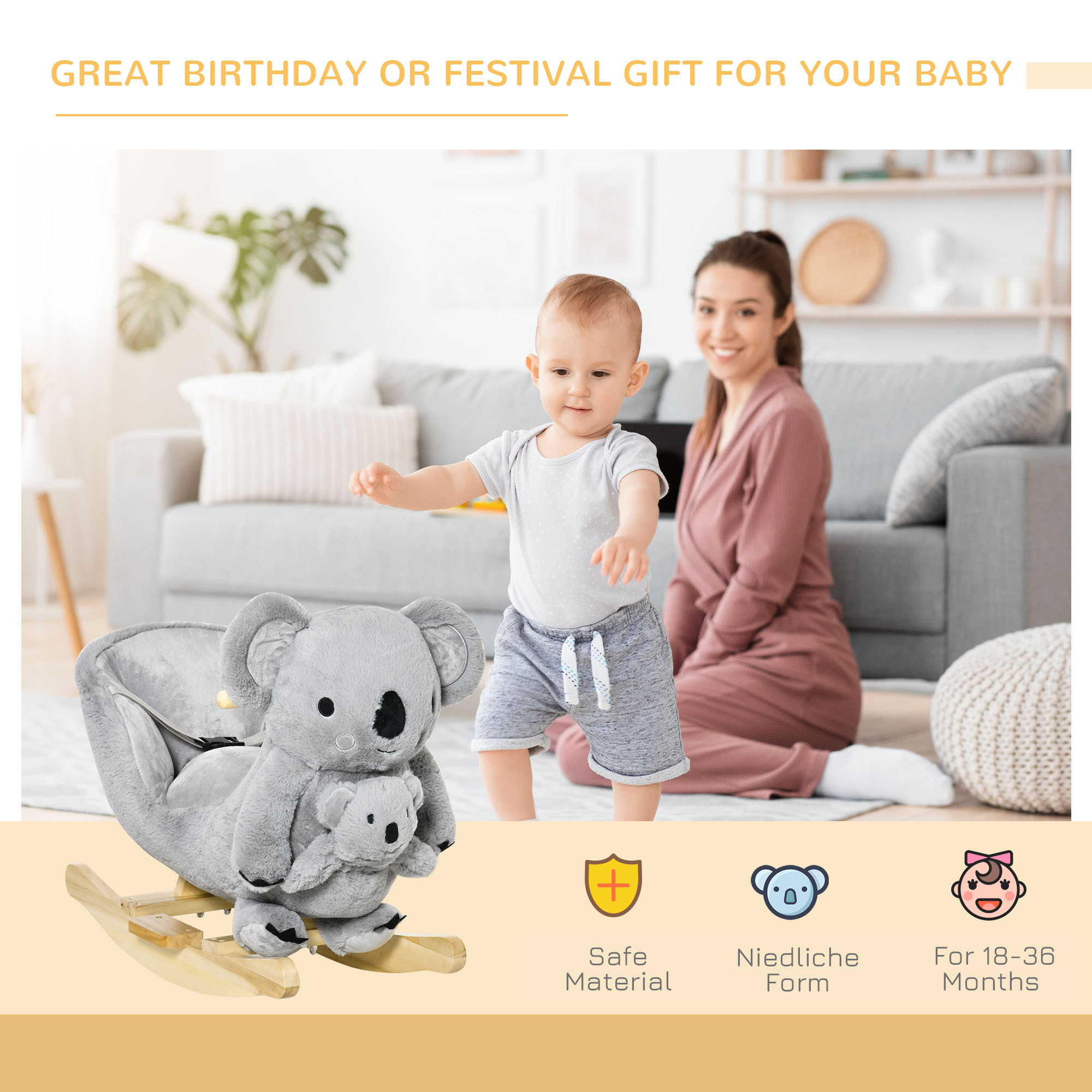 Caballo de Roca para Niños con Sonidos Realistas, Forma de Koala con Movimiento Suave para Bebés de 18 a 36 Meses, Gris — imagen 7