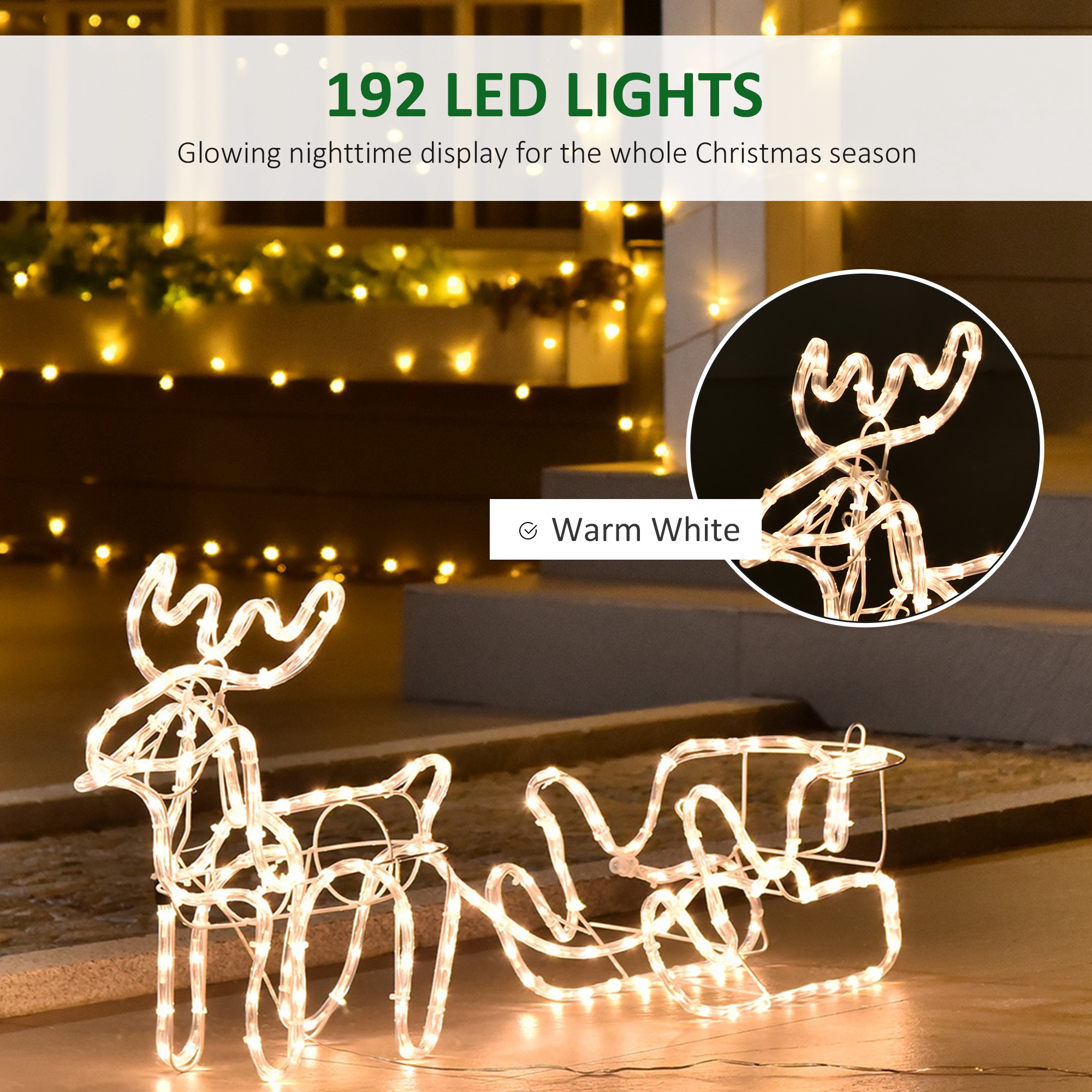 Reno y Trineo Navideño de 35" con Luces LED de Motivo Blanco Cálido, Estructura de Acero para Interior y Exterior, Decoración de Jardín — imagen 8