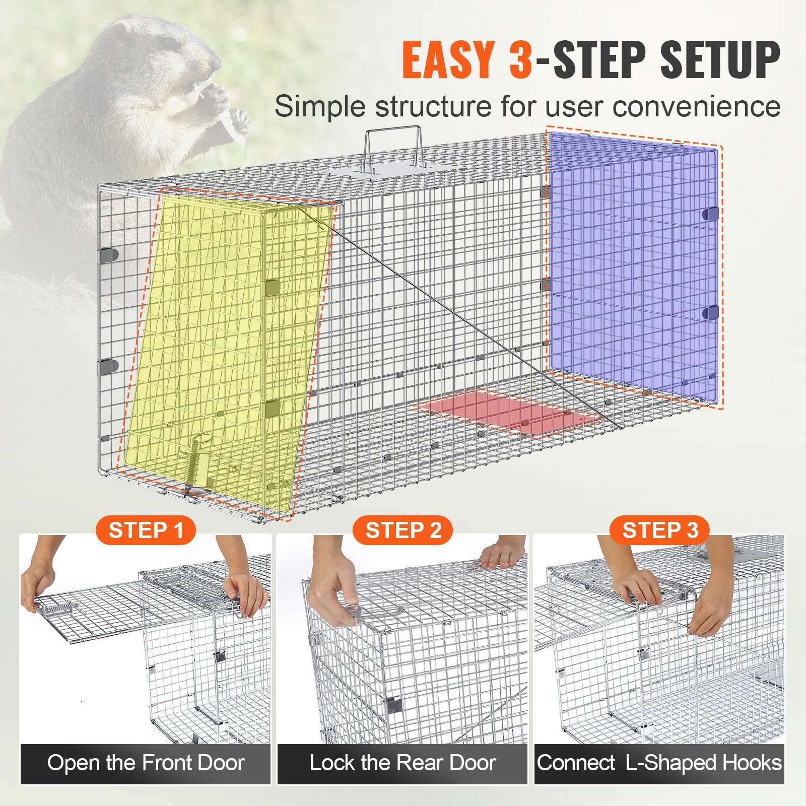 Cazuela para Animales Vivos, 42" × 16" × 18", Cazador de Gatos Humano con Hierro Galvanizado, Plegable con Manija para Perros Sueltos, Armadillos, Mapaches, Marmotas, Zorros — imagen 2