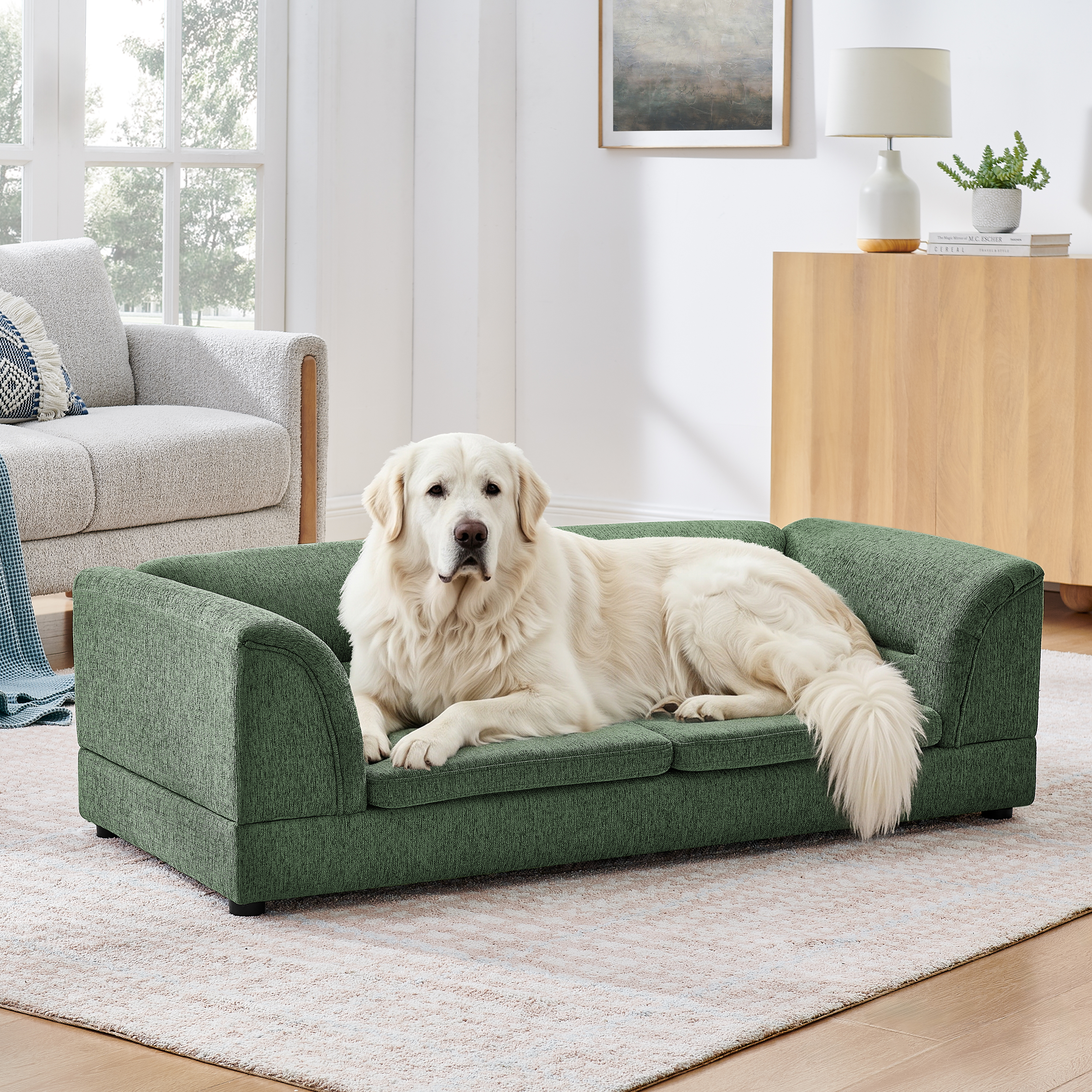 Oversized Pet Sofa, Curved Armrest Rectangular Dog Sofa, Linen Fabric Comfort Pet Couch for Large & Oversized Dogs-Olive Green — image 1