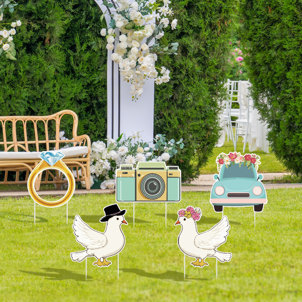 5 Piezas de Letreros de Jardín para Fiesta de Bodas con Estacas, Diseño de Paloma, Anillo y Cámara, Decoración de Camino, Letrero de Bienvenida de Plástico para Recepción, Grandes Accesorios de Fondo para Photo Booth de Despedida de Soltera, para Bodas P — imagen 5