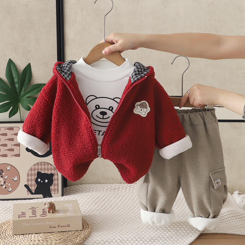 Boys Autumn Winter Fleece Lined Thickened Puppy Print Hooded 3-Piece Set Kids Clothes — image 4