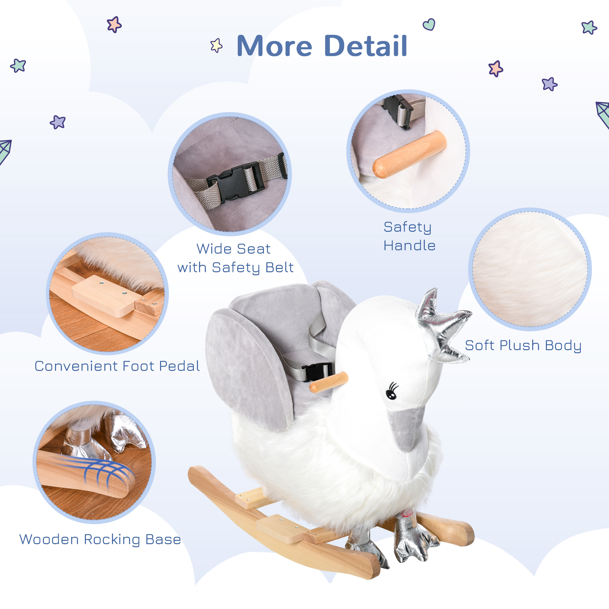Kids Ride On Horse Swan Rocker With Sound, Plush Seat, Wooden Base, Safety Belt For Toddlers 18-36 Months, White — imagen 2