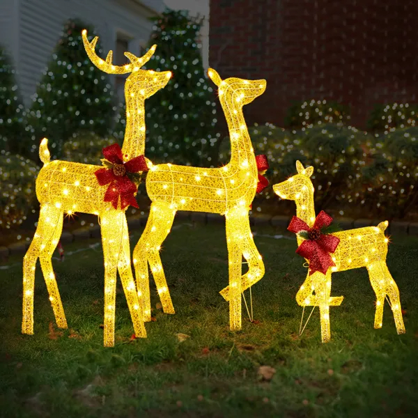Set de 3 Piezas de Renos Navideños Iluminados para Decoración Exterior, Familia de Ciervos 2D Resistente a la Intemperie, Decoración Navideña con 200 Luces LED Blancas Cálidas Preinstaladas y Estacas, Dorado — imagen 14