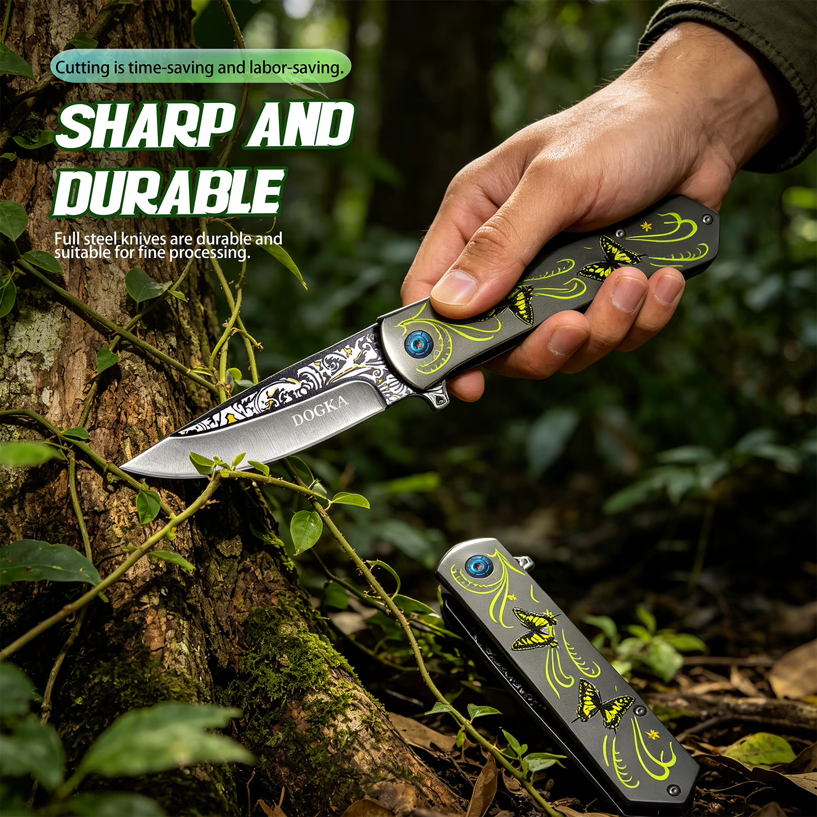 This DOGKA Folding Pocket Knife Features a Unique Butterfly Pattern Handle, Decorative Blade Detail, and Compact Folding Design. It Combines a Stylish Look with Practical Outdoor Utility, Making It Suitable for Camping, Hiking, Fishing, Travel — image 7