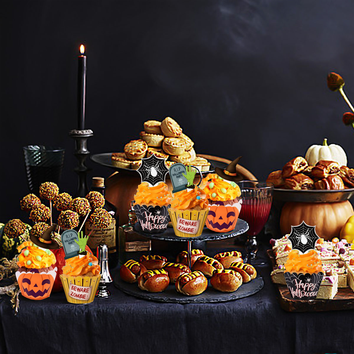 Set de 48 Piezas Decoración de Cupcakes de Halloween, Diseño de Mano de Zombi, Sombrero de Bruja, Telaraña y Lápidas, 3 Estilos de Picks y Envolturas Feliz Halloween — imagen 4
