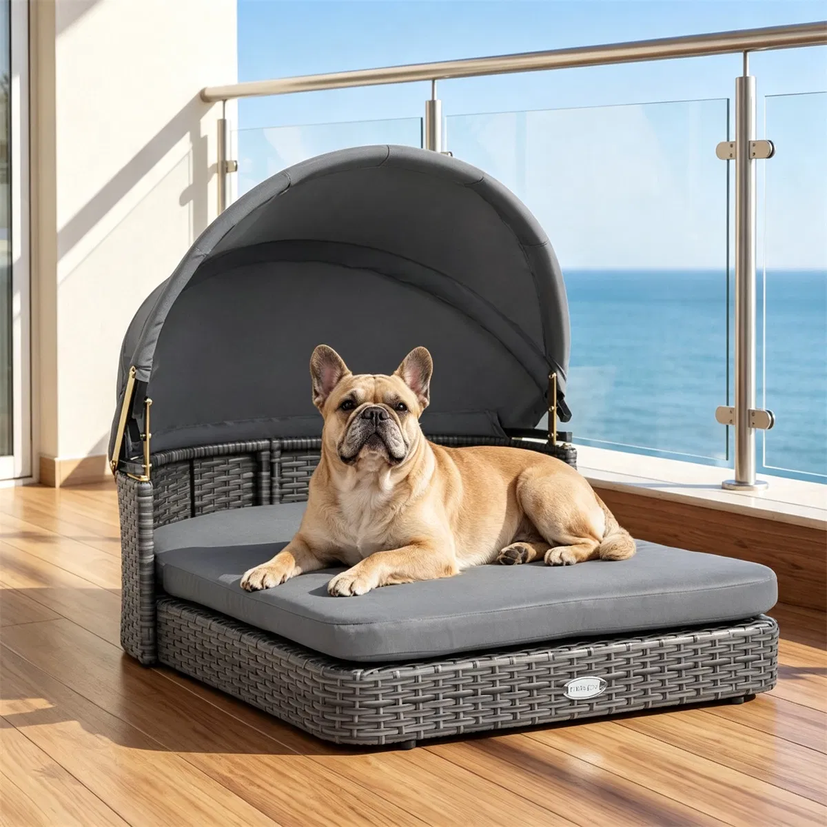 Gray Hand-Woven PE Rattan Dog Bed with Adjustable Canopy, Elevated Outdoor Pet Daybed with Washable Plush Cushion, Anti-Slip Breathable Pet Shelter for Indoor Patio Garden — image 10