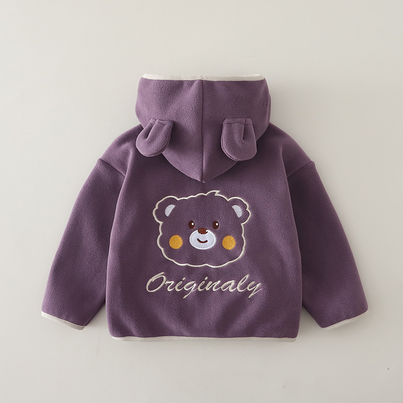Kids Autumn Winter Fleece-Lined Bear Print Hoodie Top — image 5