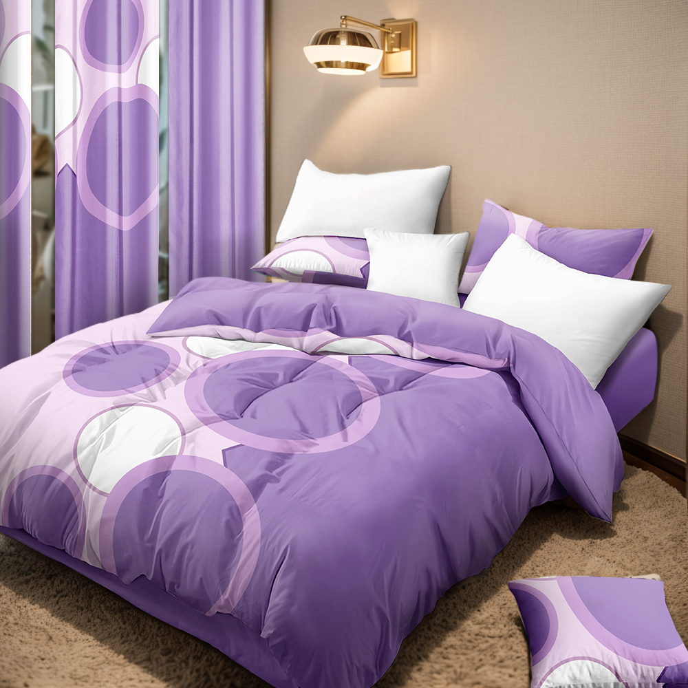 9 Piece Room In A Bag Quilt And Curtain Set, US Designer Lavender Purple Geometric Circle Print Heavyweight Bedspread With 6 Customizable Window Panels, Pet-Friendly High GSM Coverlet — image 2