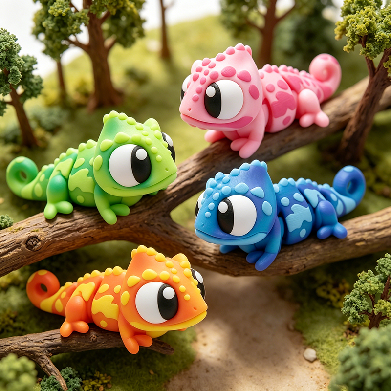4PCS 3D Printed Chameleon Figurine Set, Articulated Flexible Mini Chameleons, Colorful Animal Desk Decor, Collectible Display Ornaments — image 1