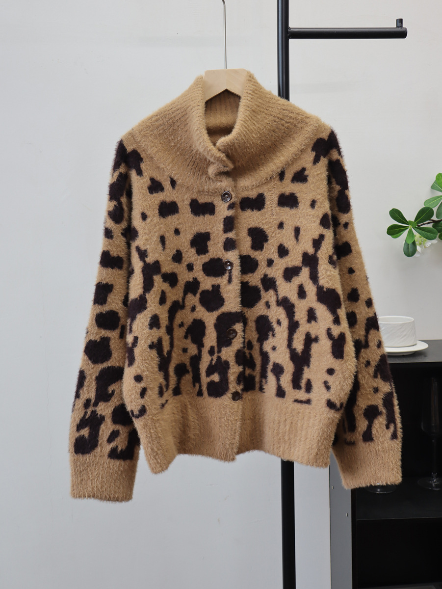 Leopard print high neck cardigan loose sweater — image 7