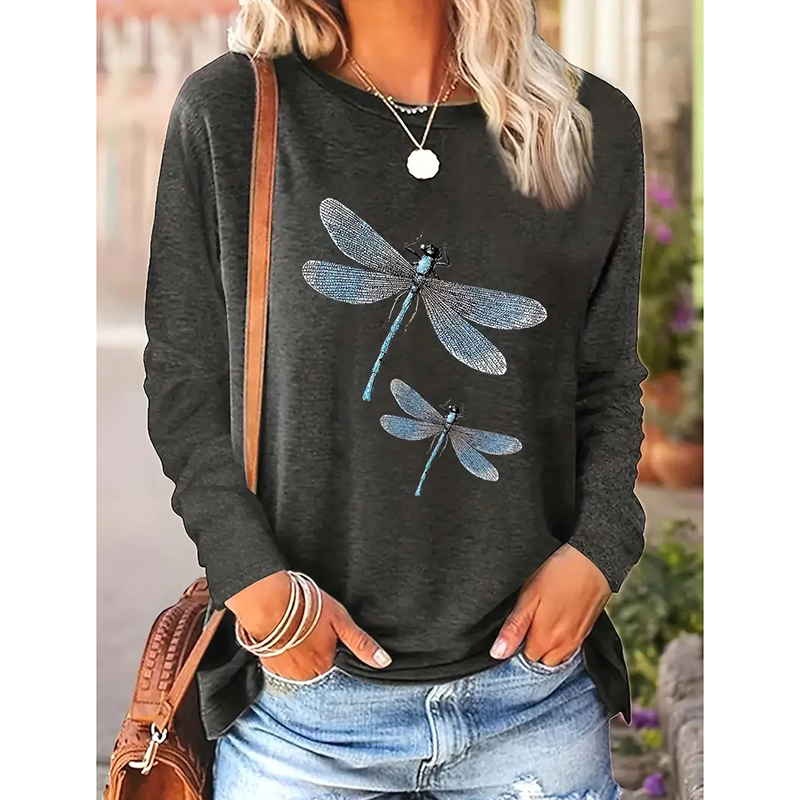 Women's Dragonfly Print Crew Neck T-Shirt, Casual Long Sleeve Top For Spring & Fall — image 5