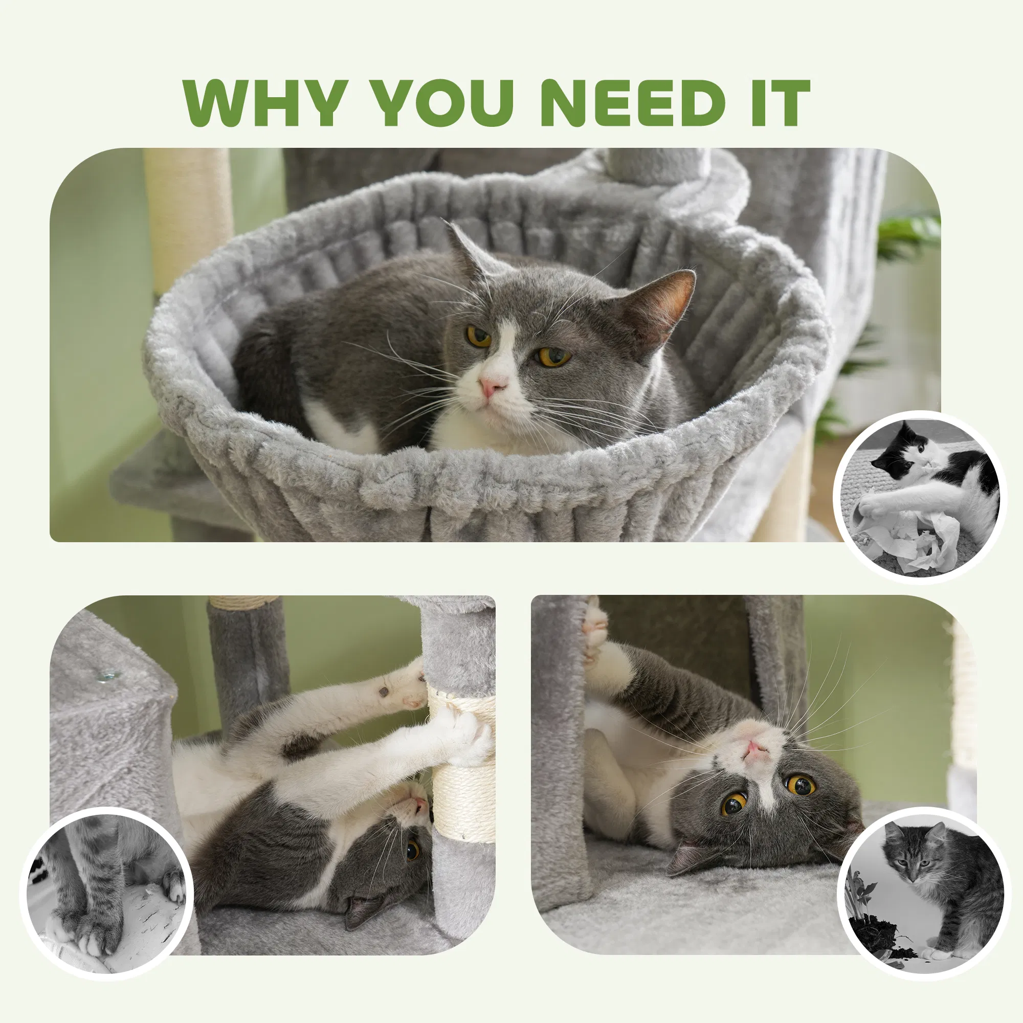 81" Large Cat Tree w/ Scratching Posts, Condos, Beds, Hammocks, Jumping Platforms, Toy Balls, Rope Cat Toy, Light Grey — image 3