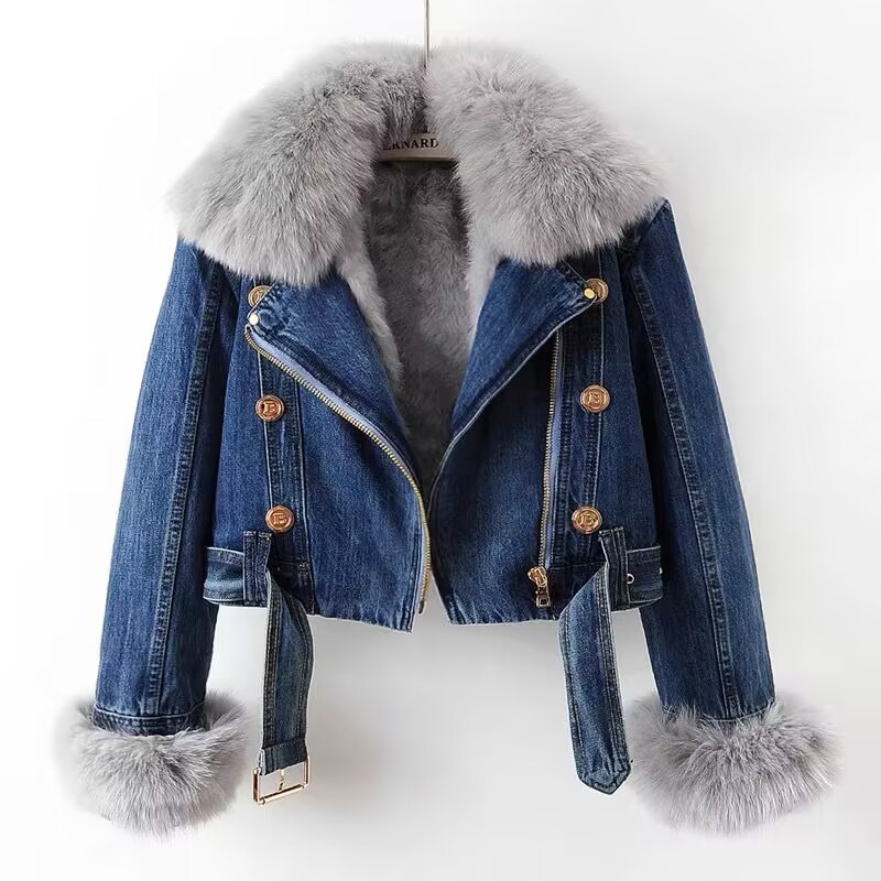 Chaquetón de Denim con Línea Removible de Pelo de Zorro y Conejo — imagen 4